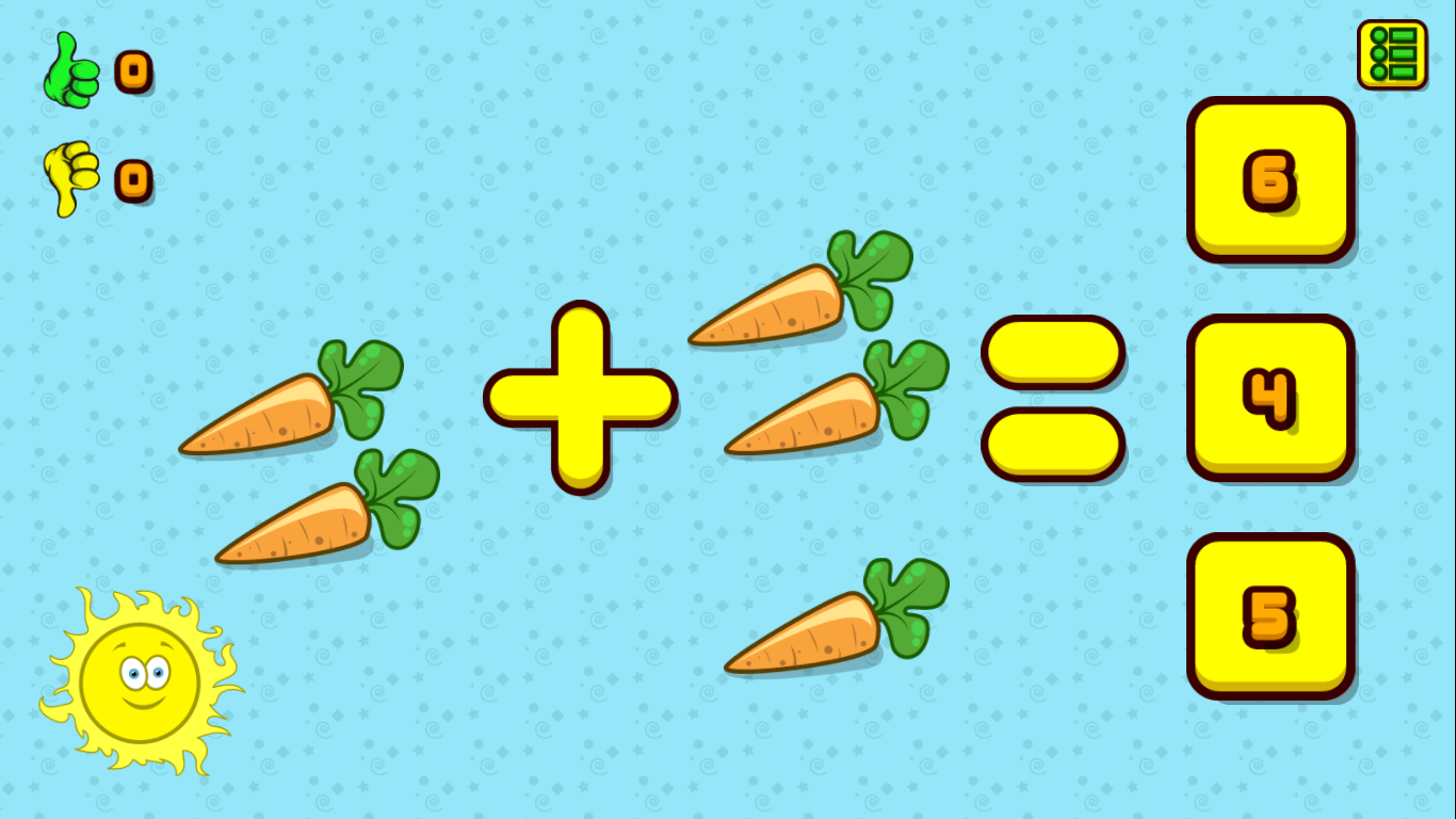 Happy Sun game interface with fun visuals and answer choices
