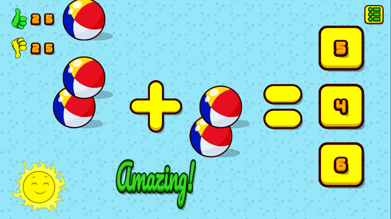 Colorful beach balls used for math addition in Happy Sun game
